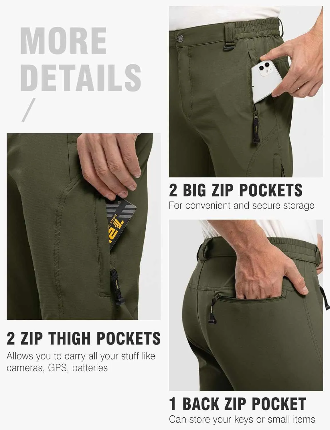 TBMPOY Men's Lightweight Hiking Pants with Belt 5 Zip Pocketsj