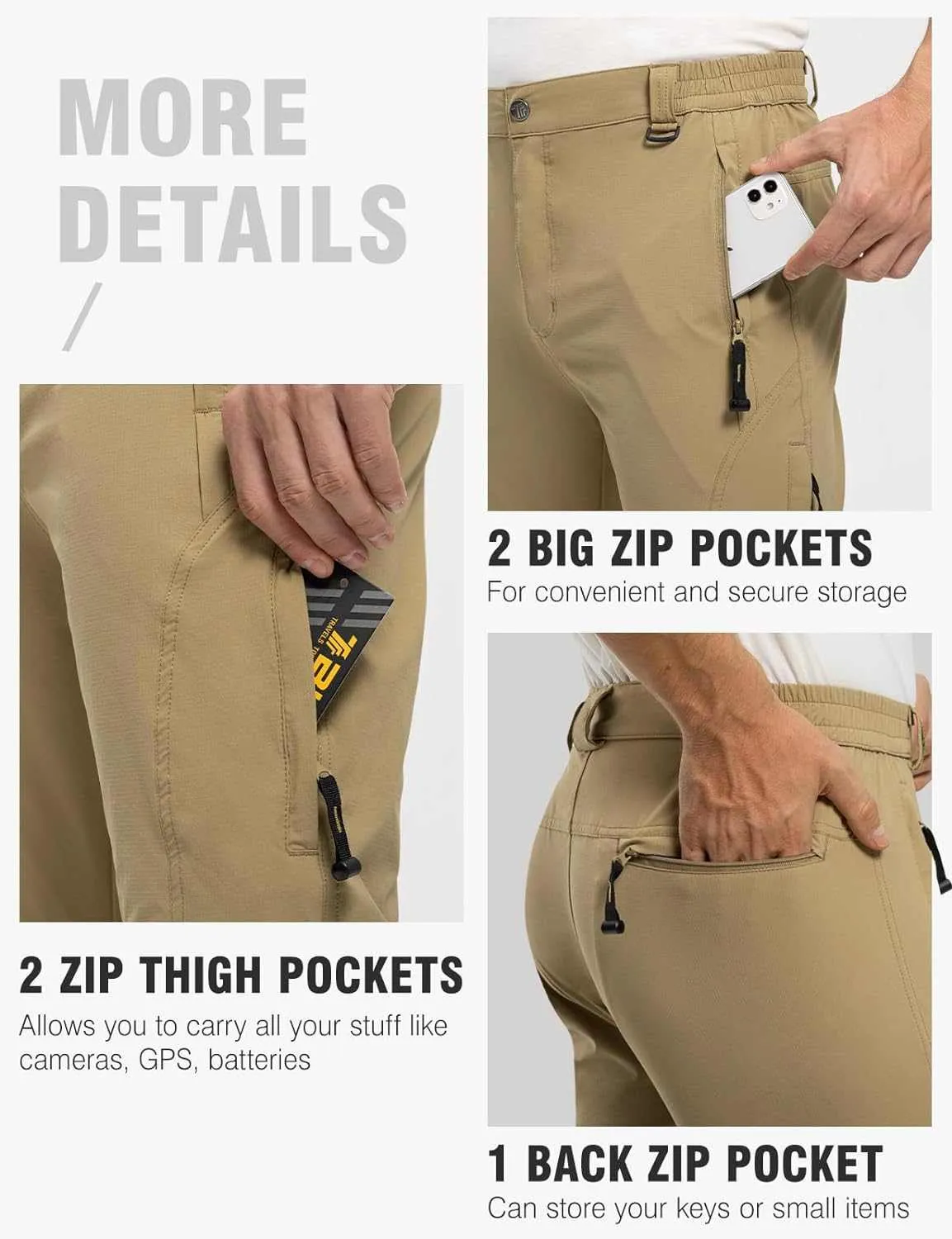 TBMPOY Men's Lightweight Hiking Pants with Belt 5 Zip Pocketsj