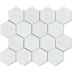 Thassos White Greek Marble 3 inch Hexagon Mosaic Tile, Polished