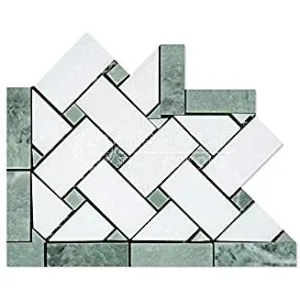 Thassos White Greek Marble Basketweave Border Corner Tile with Ming Green Marble Dots, Polished