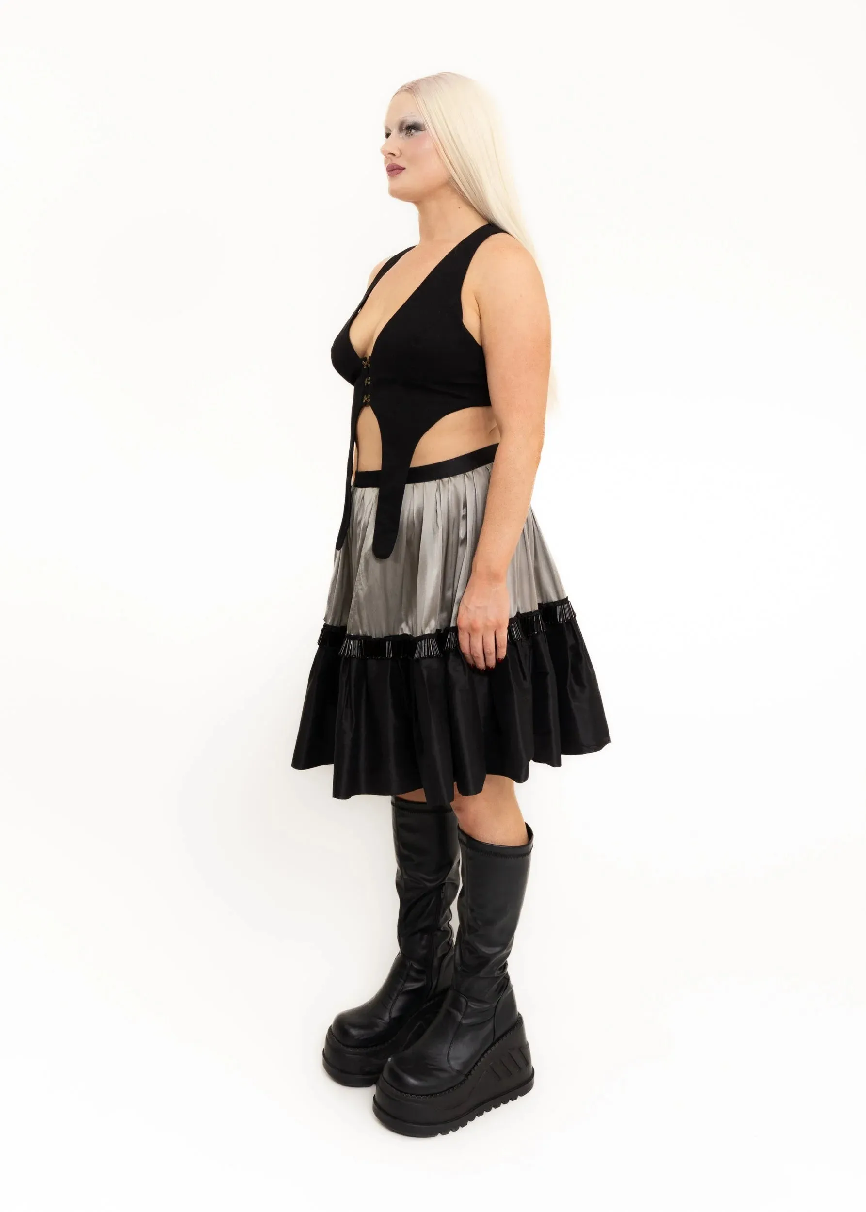 Tiered silk skirt with beaded trim