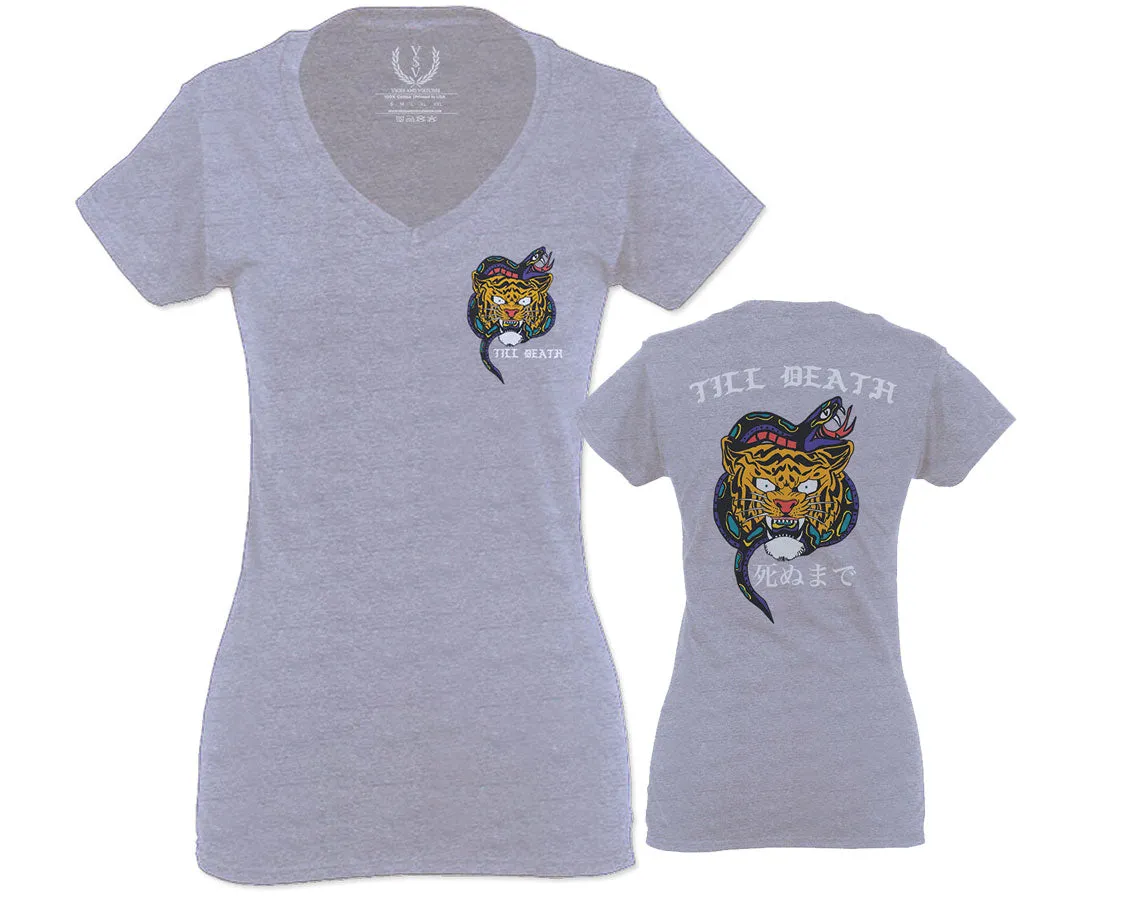 Tiger Graphic Traditional Japanese Till Death Good Vibes Obei Society For Women V neck fitted T Shirt