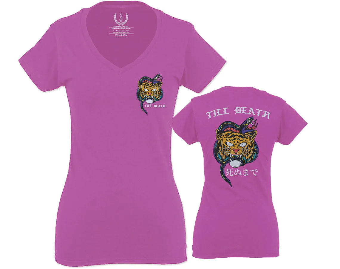 Tiger Graphic Traditional Japanese Till Death Good Vibes Obei Society For Women V neck fitted T Shirt