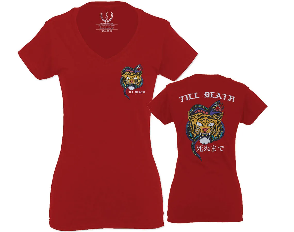 Tiger Graphic Traditional Japanese Till Death Good Vibes Obei Society For Women V neck fitted T Shirt