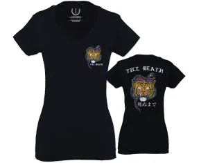 Tiger Graphic Traditional Japanese Till Death Good Vibes Obei Society For Women V neck fitted T Shirt