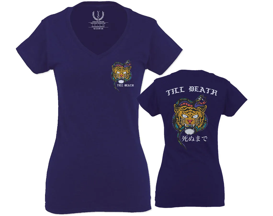 Tiger Graphic Traditional Japanese Till Death Good Vibes Obei Society For Women V neck fitted T Shirt