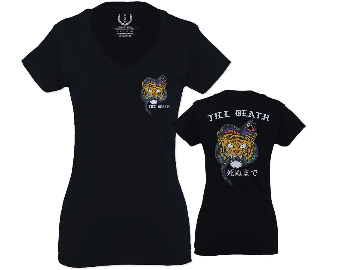Tiger Graphic Traditional Japanese Till Death Good Vibes Obei Society For Women V neck fitted T Shirt
