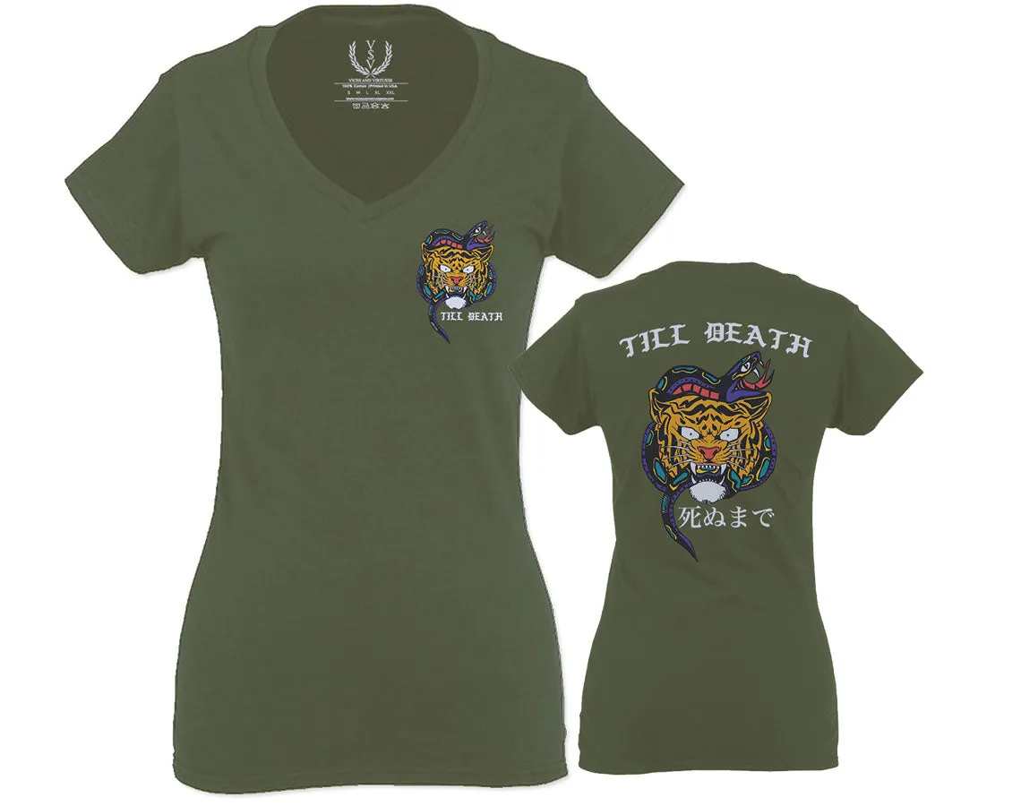 Tiger Graphic Traditional Japanese Till Death Good Vibes Obei Society For Women V neck fitted T Shirt