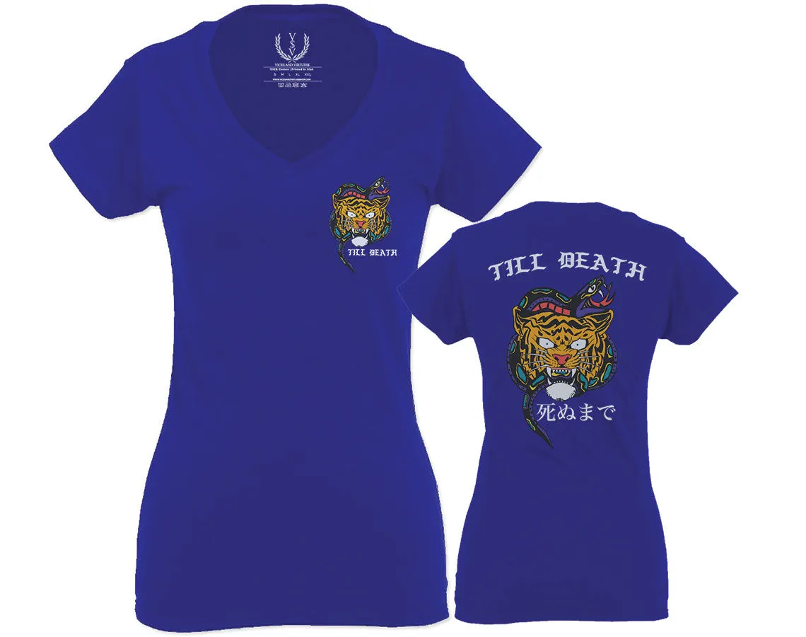 Tiger Graphic Traditional Japanese Till Death Good Vibes Obei Society For Women V neck fitted T Shirt