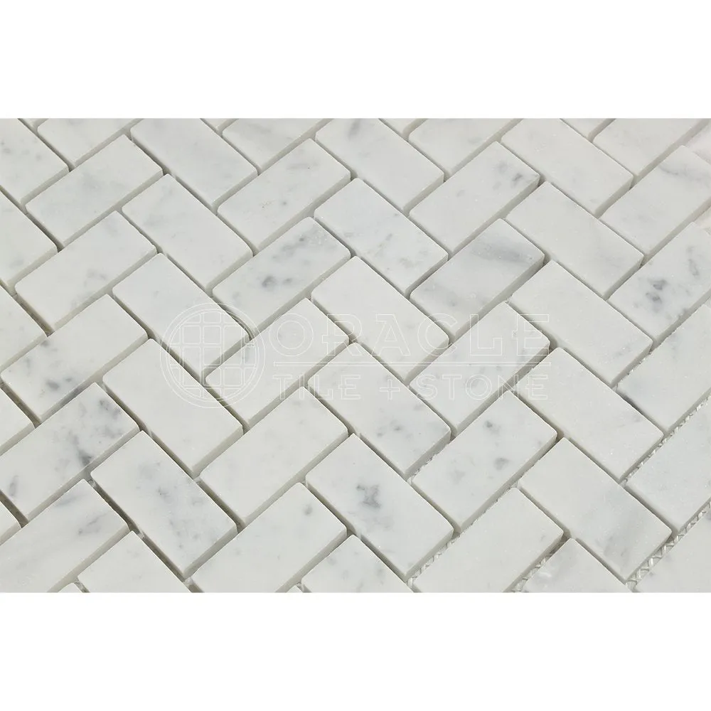 Tilefornia Carrara White Italian (Bianco Carrara) Marble 1 X 2 Herringbone Mosaic Tile, Polished