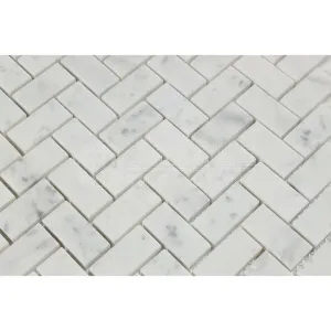 Tilefornia Carrara White Italian (Bianco Carrara) Marble 1 X 2 Herringbone Mosaic Tile, Polished