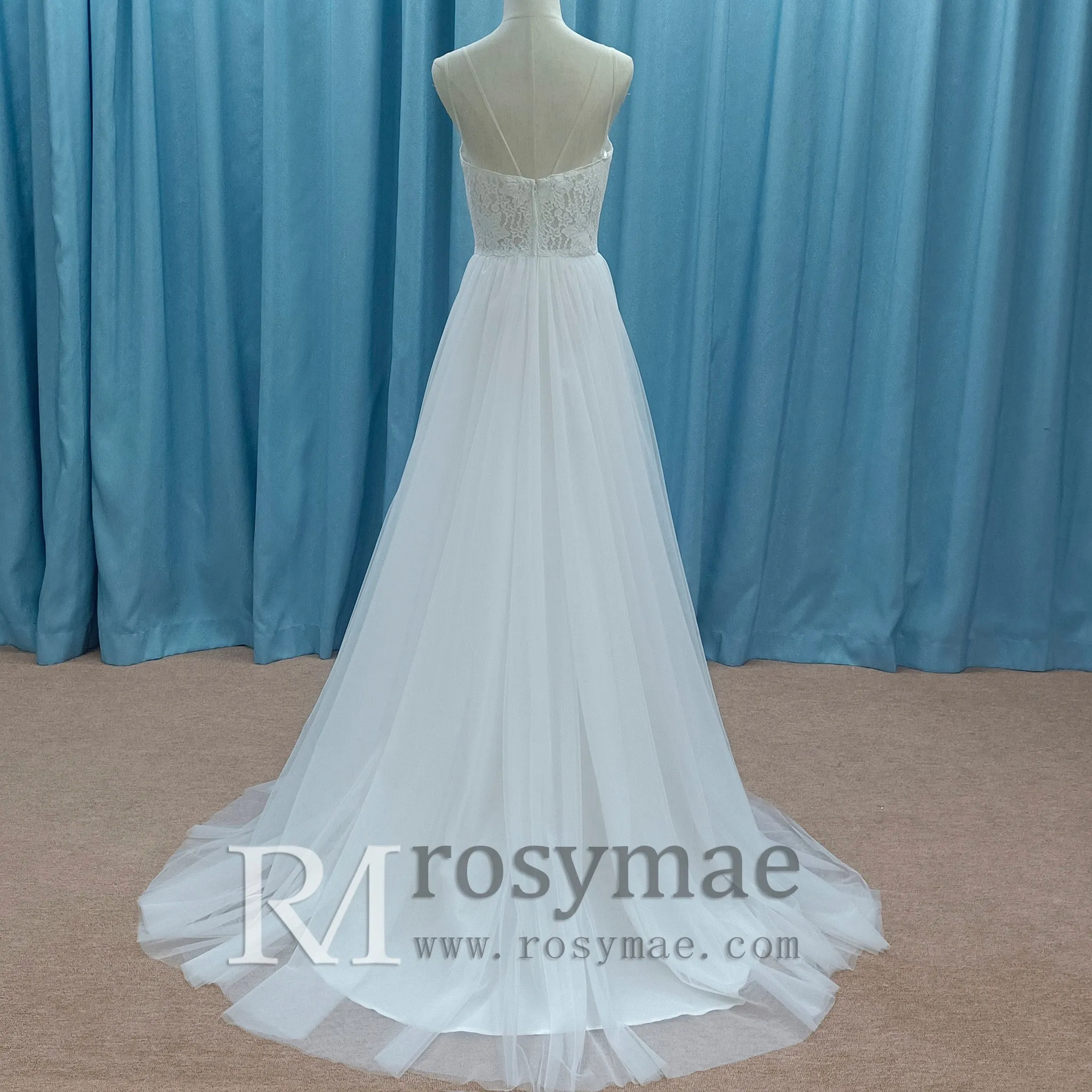 Tulle Simple V-neck Sheath Wedding Dress with Spaghetti Straps