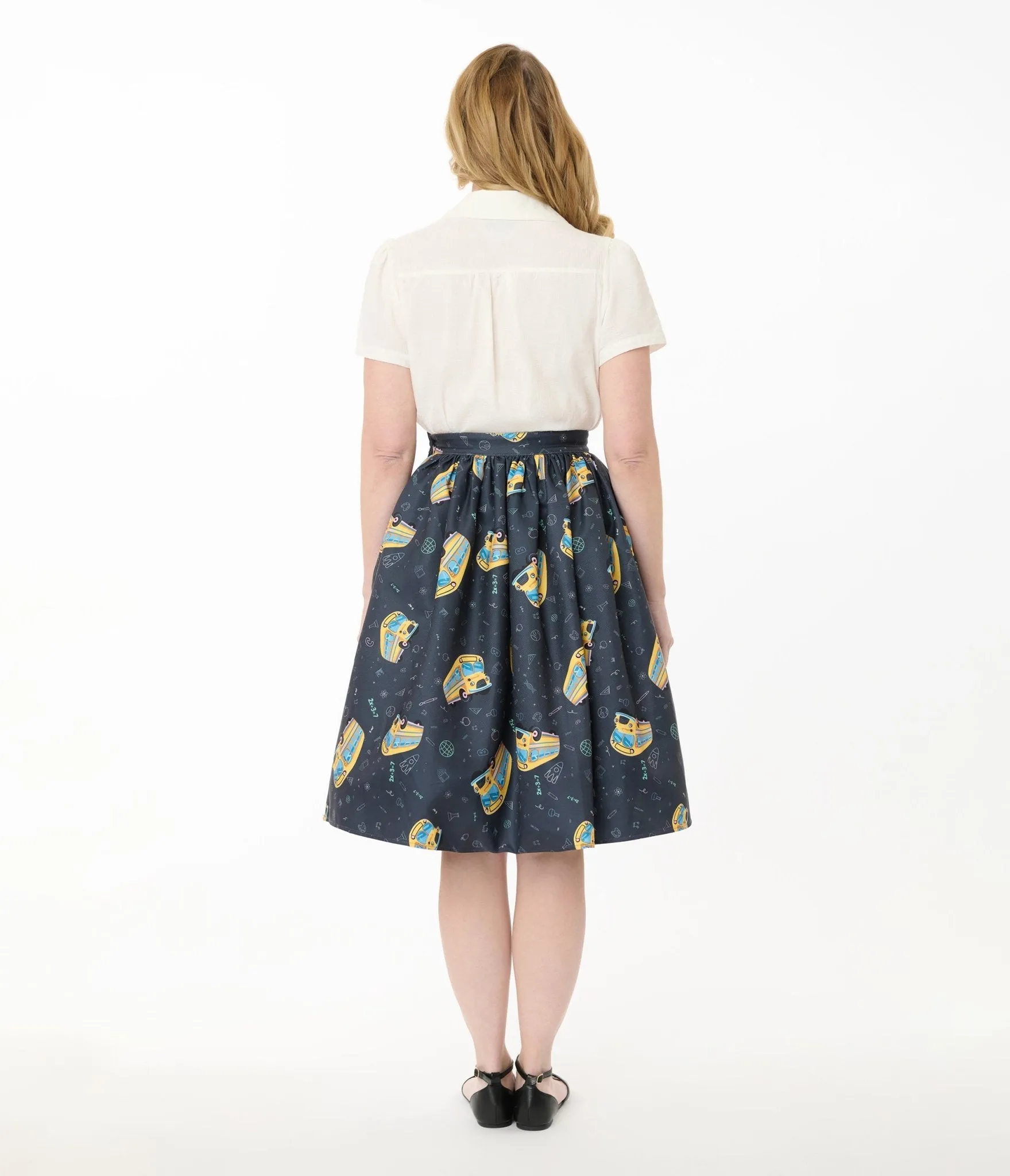 Unique Vintage Teacher Appreciation Navy & Yellow School Bus Print Gellar Swing Skirt