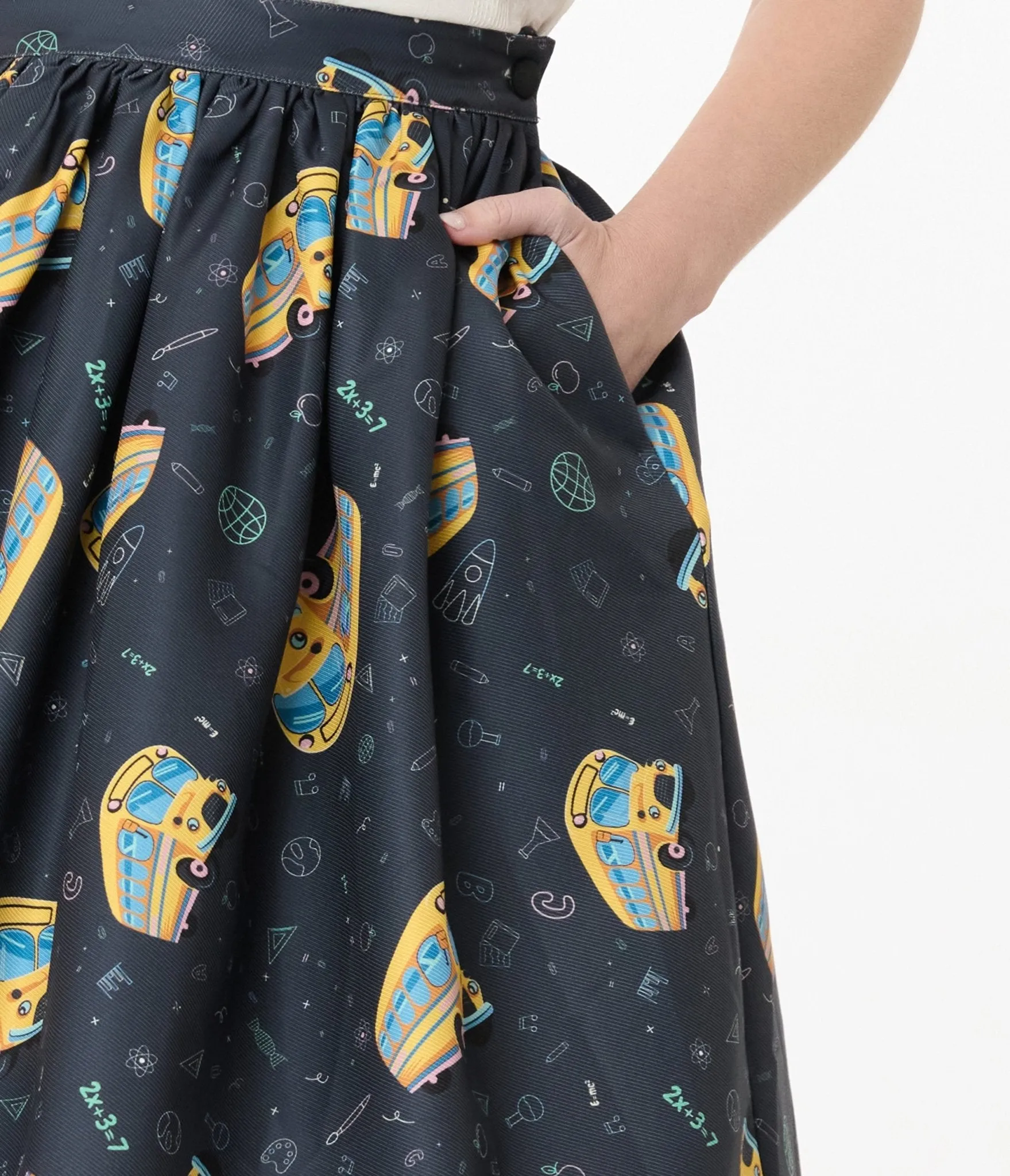 Unique Vintage Teacher Appreciation Navy & Yellow School Bus Print Gellar Swing Skirt