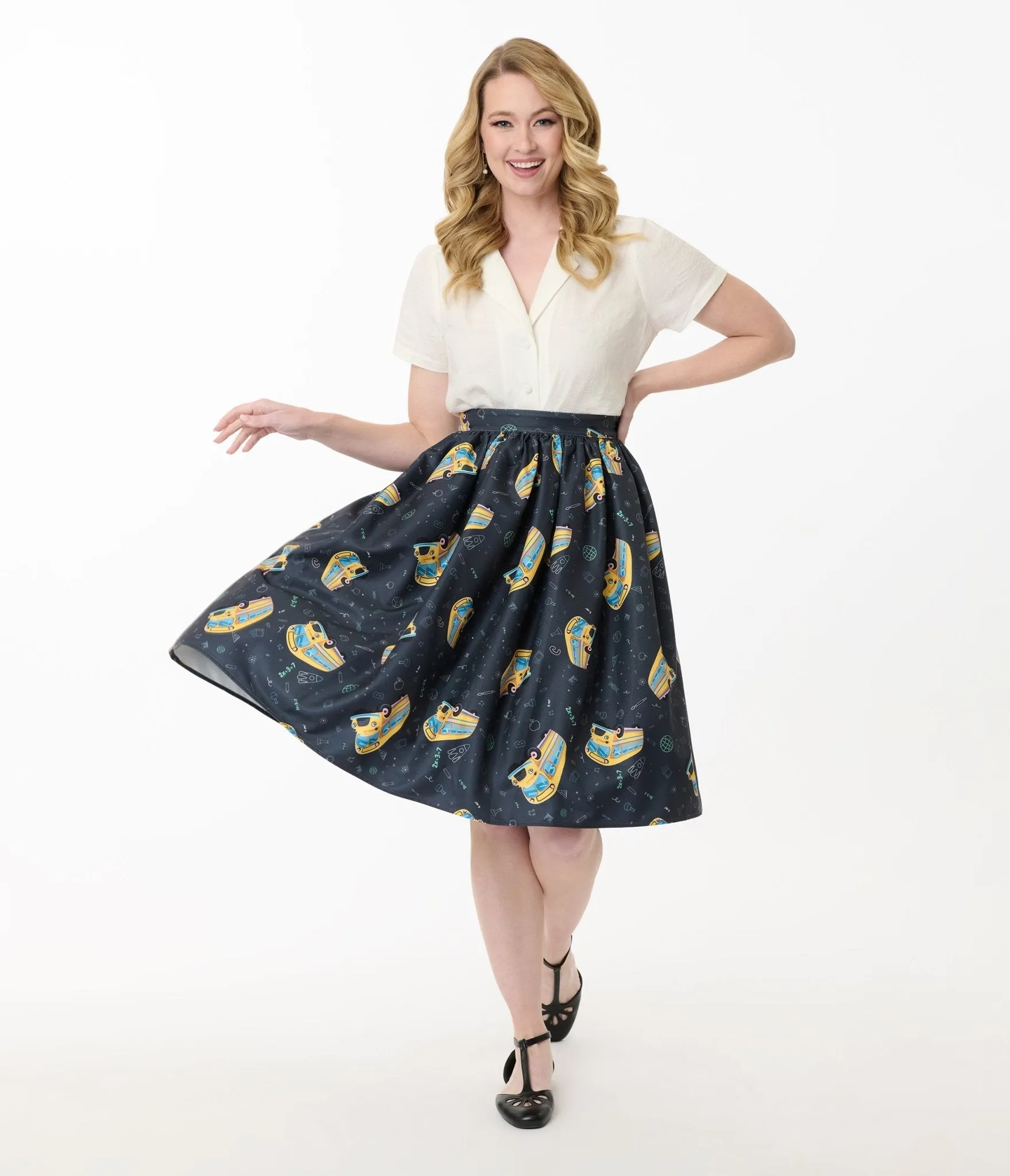 Unique Vintage Teacher Appreciation Navy & Yellow School Bus Print Gellar Swing Skirt
