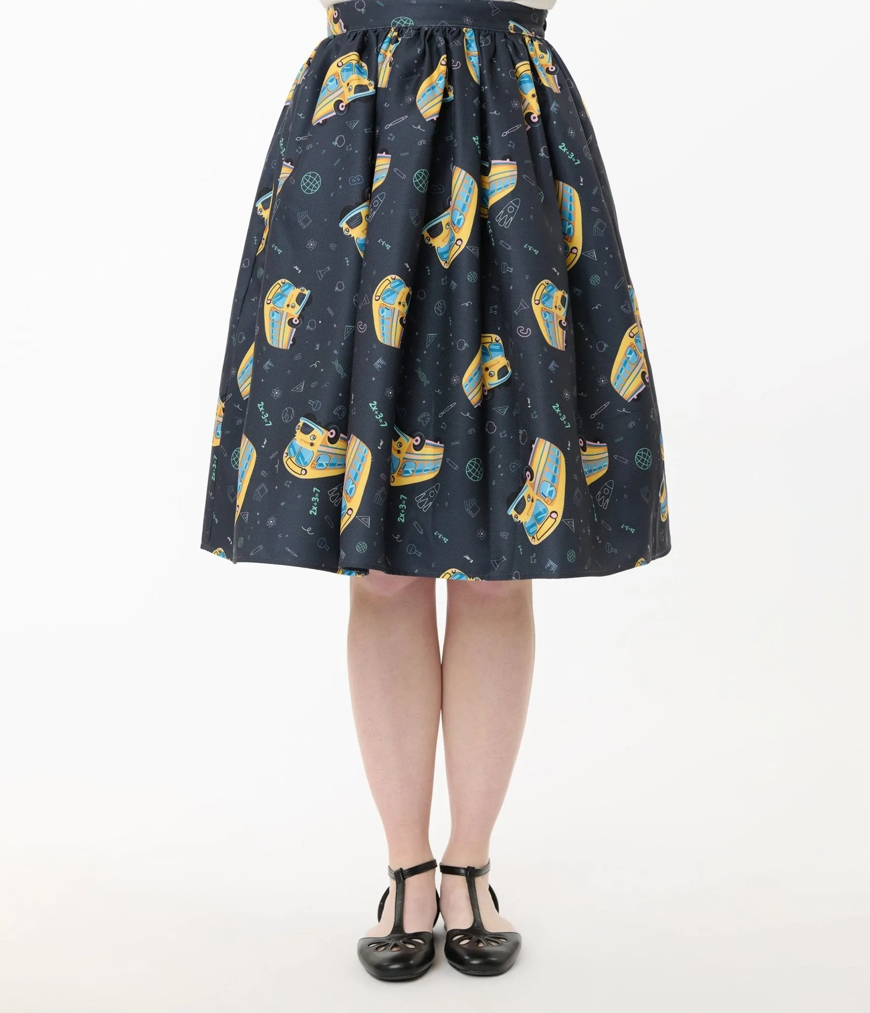 Unique Vintage Teacher Appreciation Navy & Yellow School Bus Print Gellar Swing Skirt