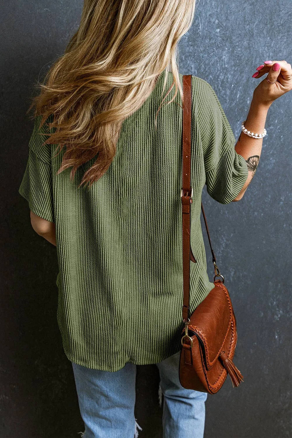 V Neck Chest Pocket Loose T-shirt: L / Pink