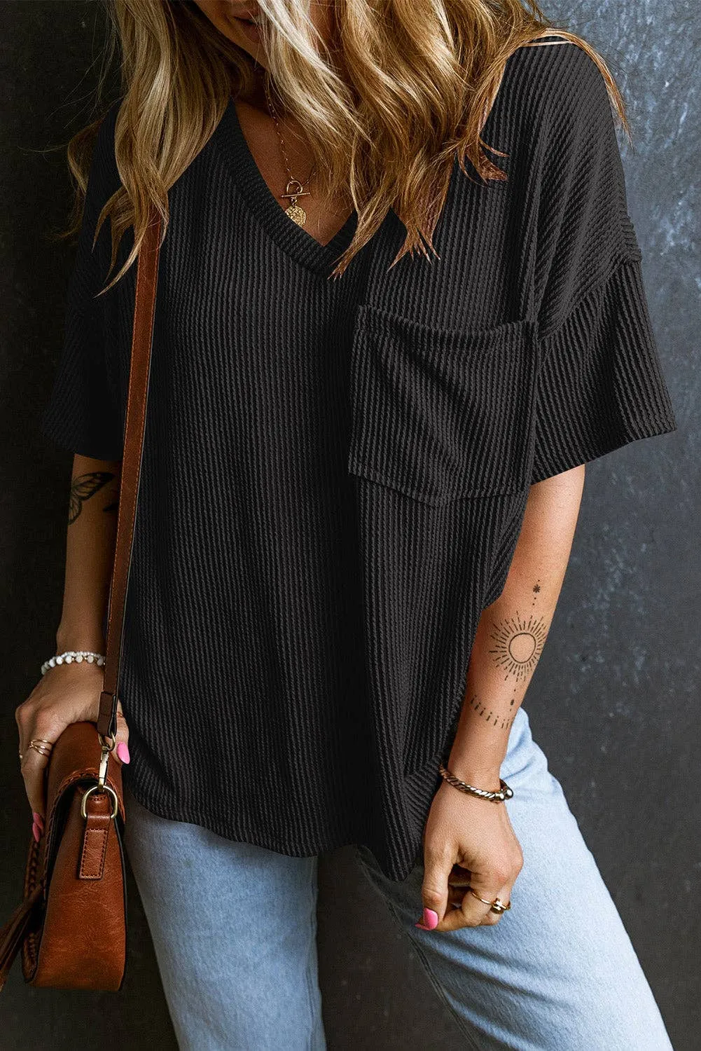 V Neck Chest Pocket Loose T-shirt: L / Pink