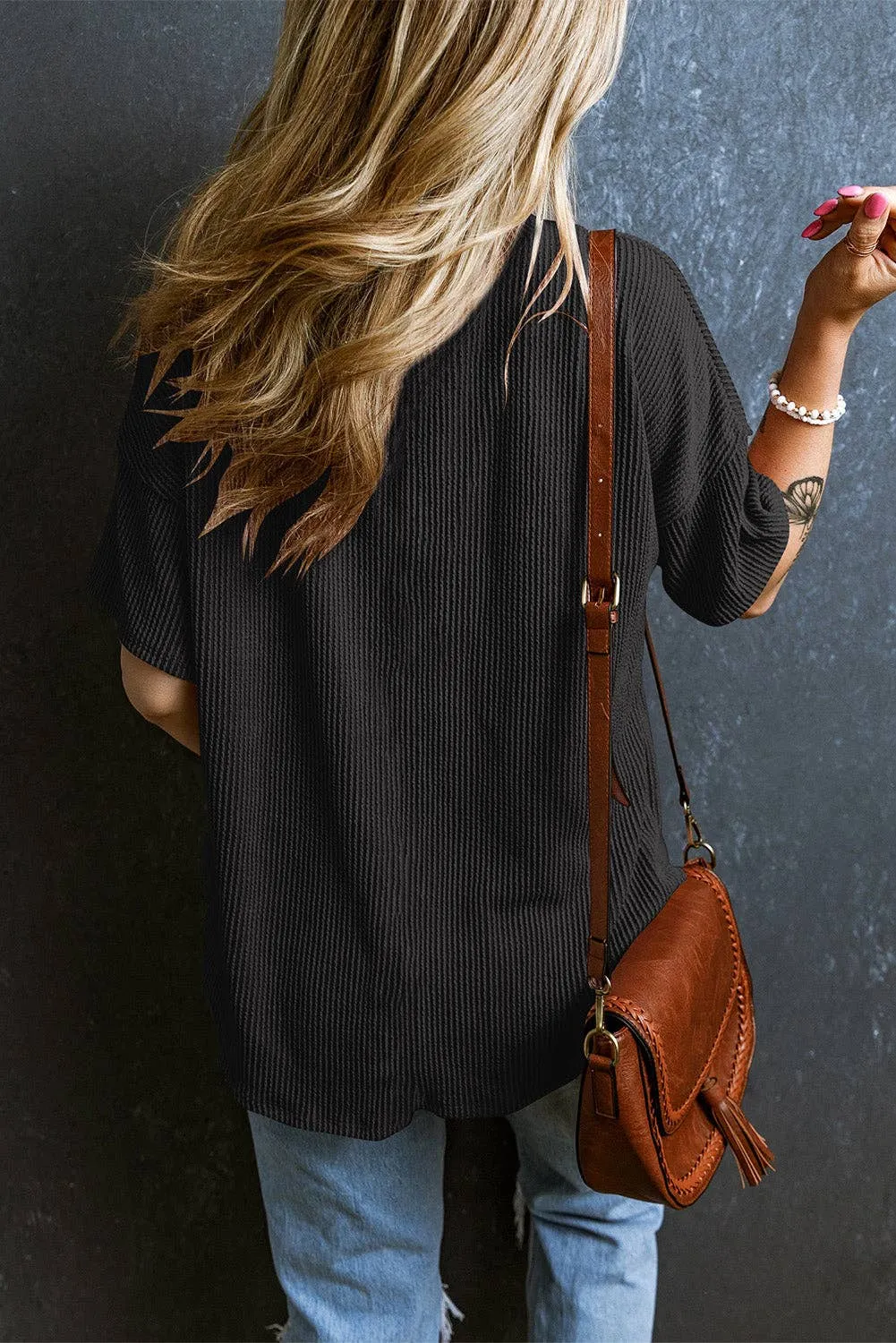 V Neck Chest Pocket Loose T-shirt: L / Pink