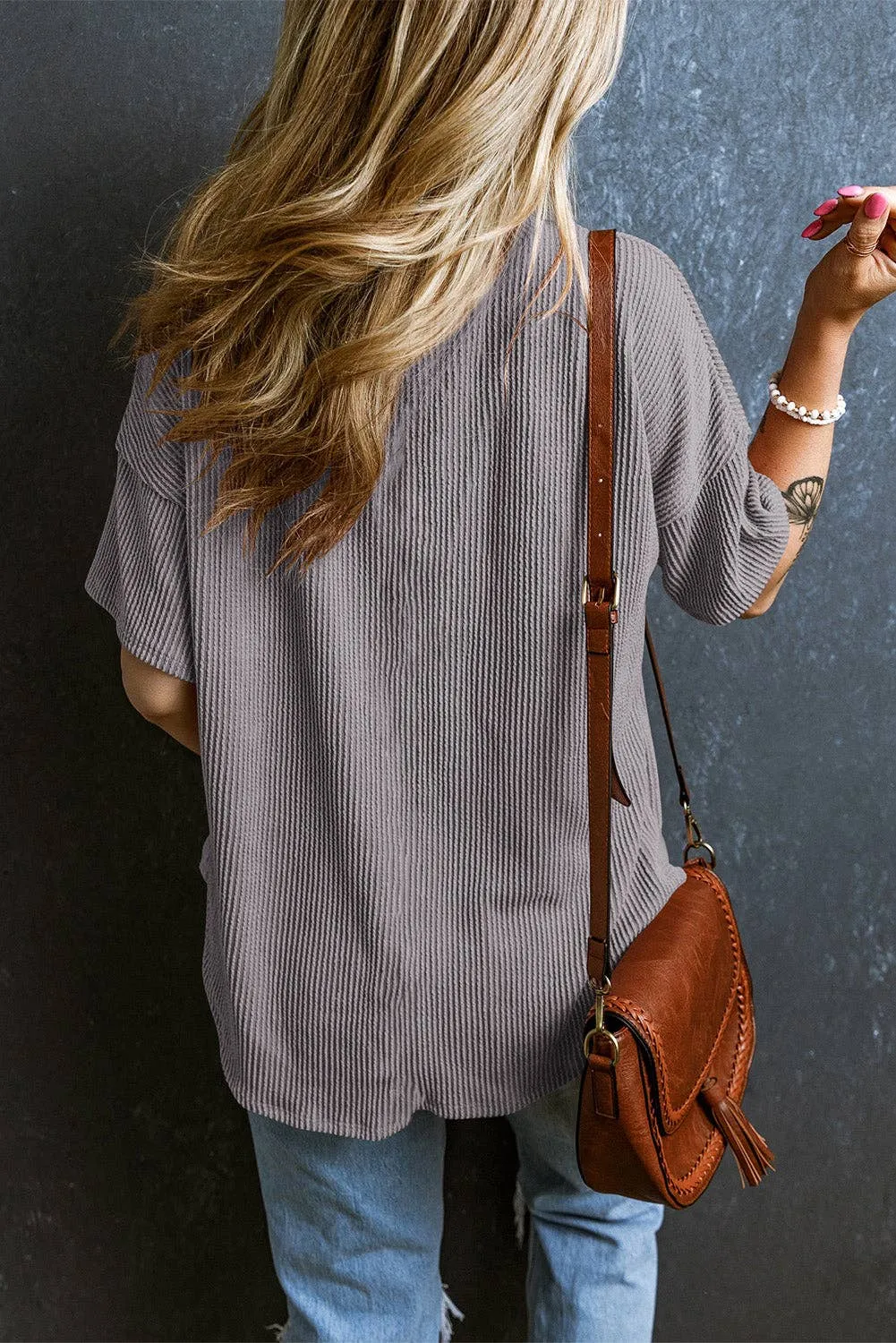 V Neck Chest Pocket Loose T-shirt: L / Pink