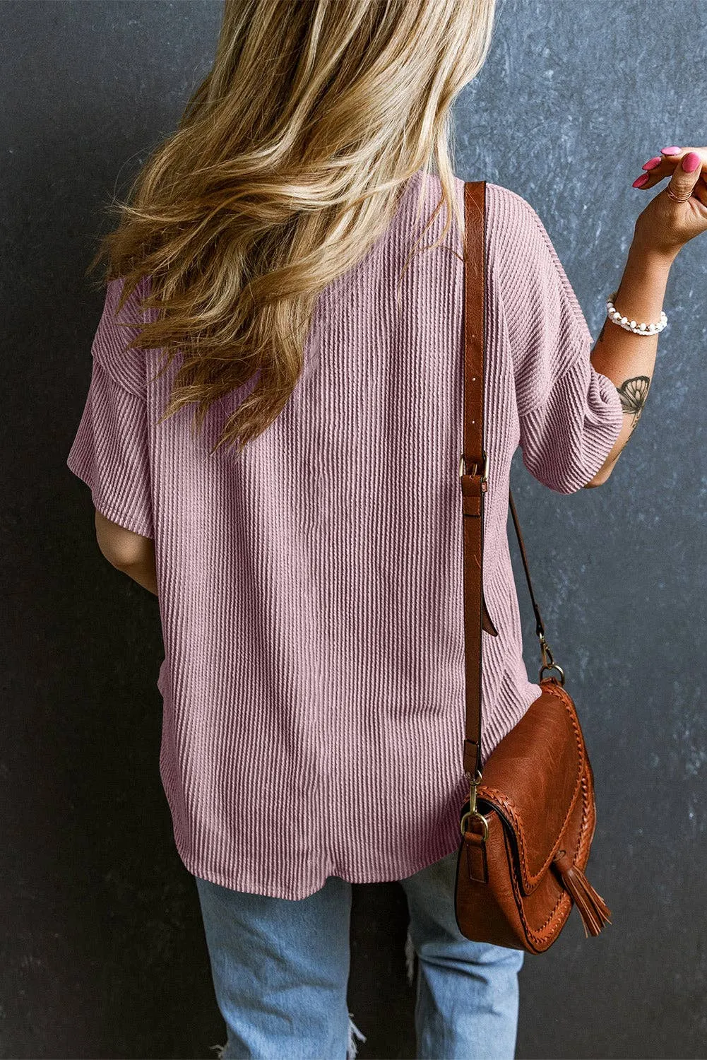 V Neck Chest Pocket Loose T-shirt: L / Pink