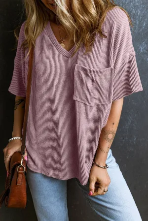 V Neck Chest Pocket Loose T-shirt: L / Pink