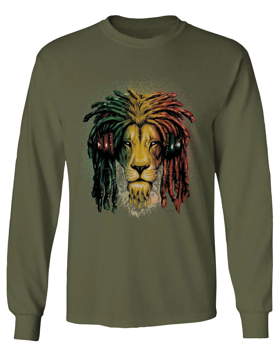 VICES AND VIRTUESS Cool Marijuana Rasta Lion Headphones Reggae Weed Stoner Day mens Long sleeve t shirt