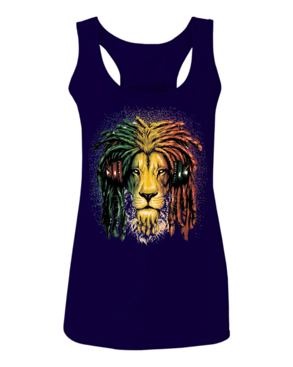 VICES AND VIRTUESS Cool Marijuana Rasta Lion Headphones Reggae Weed Stoner Day  women's Tank Top sleeveless Racerback