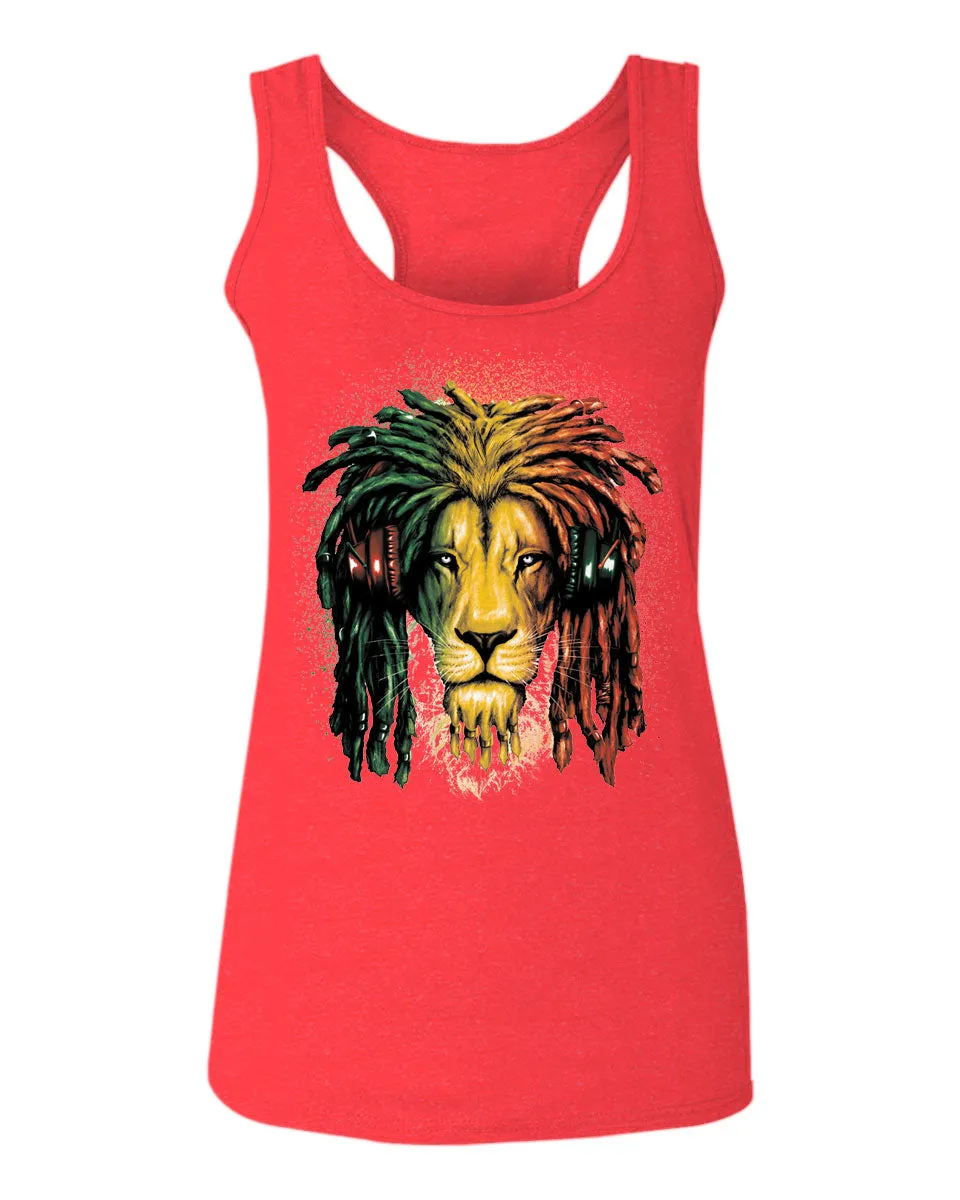 VICES AND VIRTUESS Cool Marijuana Rasta Lion Headphones Reggae Weed Stoner Day  women's Tank Top sleeveless Racerback