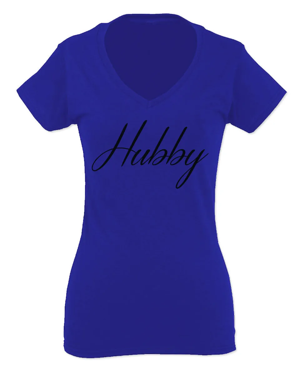VICES AND VIRTUESS Letter Printed Hubby Couple Wedding Wifey Matching Groom For Women V neck fitted T Shirt