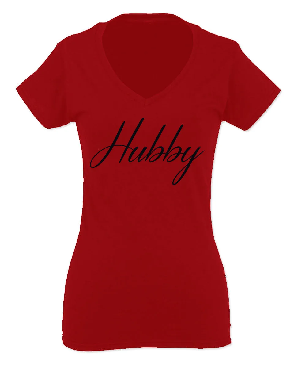 VICES AND VIRTUESS Letter Printed Hubby Couple Wedding Wifey Matching Groom For Women V neck fitted T Shirt
