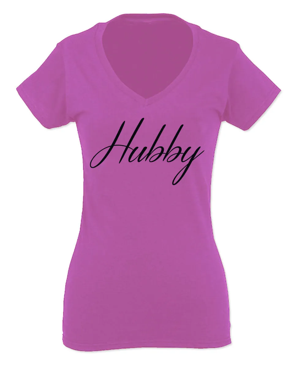 VICES AND VIRTUESS Letter Printed Hubby Couple Wedding Wifey Matching Groom For Women V neck fitted T Shirt
