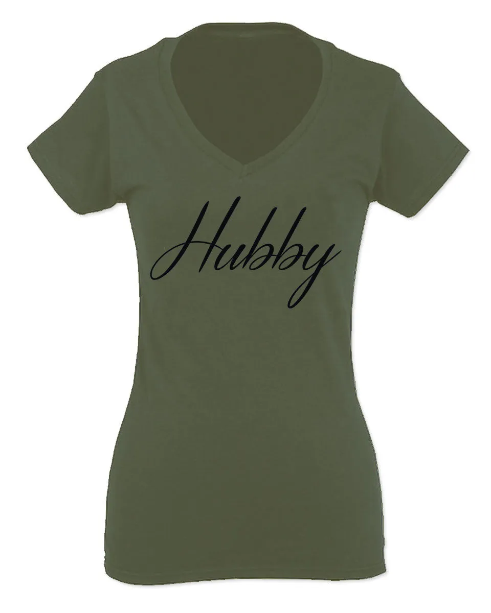 VICES AND VIRTUESS Letter Printed Hubby Couple Wedding Wifey Matching Groom For Women V neck fitted T Shirt