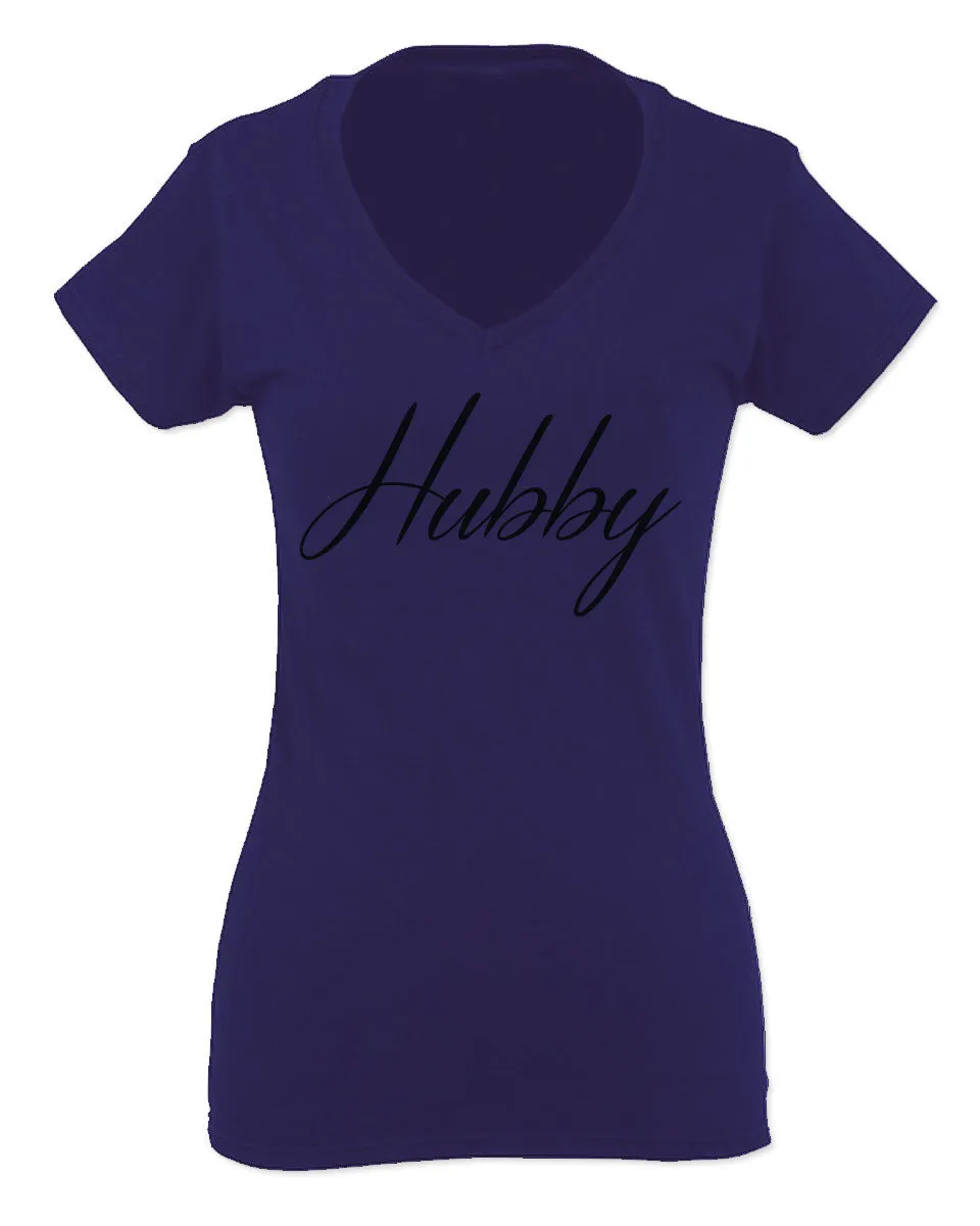 VICES AND VIRTUESS Letter Printed Hubby Couple Wedding Wifey Matching Groom For Women V neck fitted T Shirt