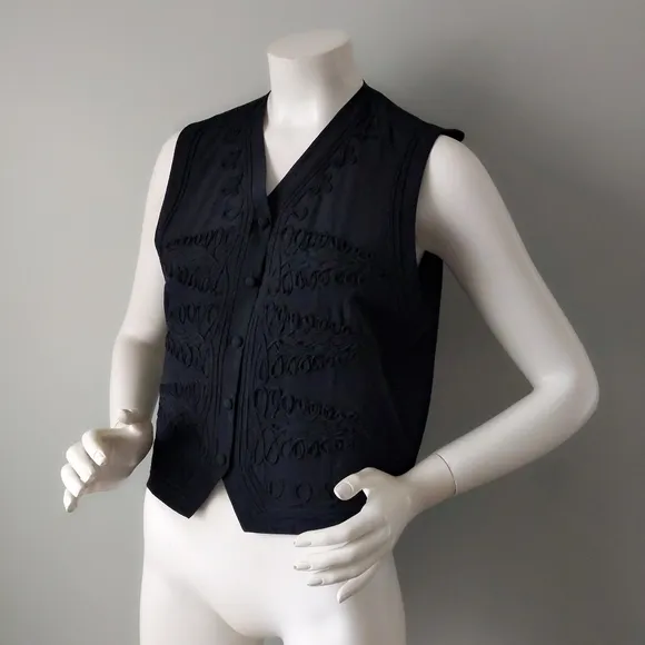 Vintage 1990s Paul Harris Black Silk Soutache Scroll Vest M