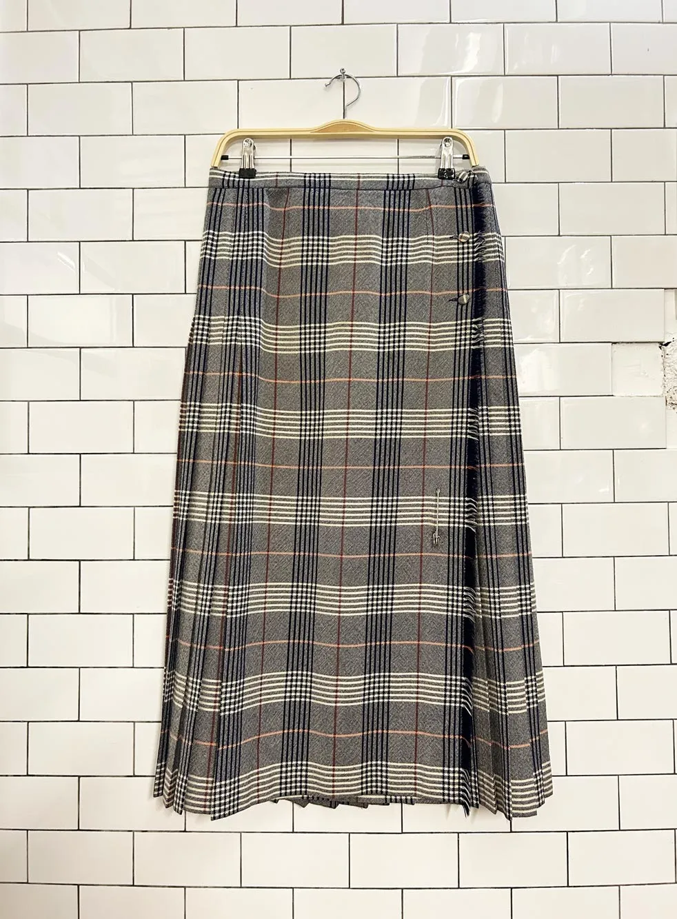 vintage 80s ajean wool plaid kilt midi skirt