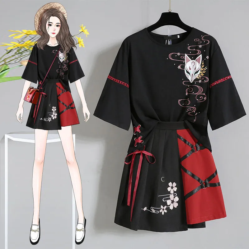 Vintage Harajuku Sakura Fox Print Lace Up T-Shirt Skirt Set UB6309