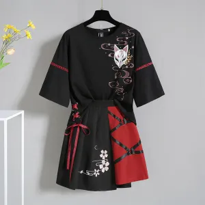 Vintage Harajuku Sakura Fox Print Lace Up T-Shirt Skirt Set UB6309