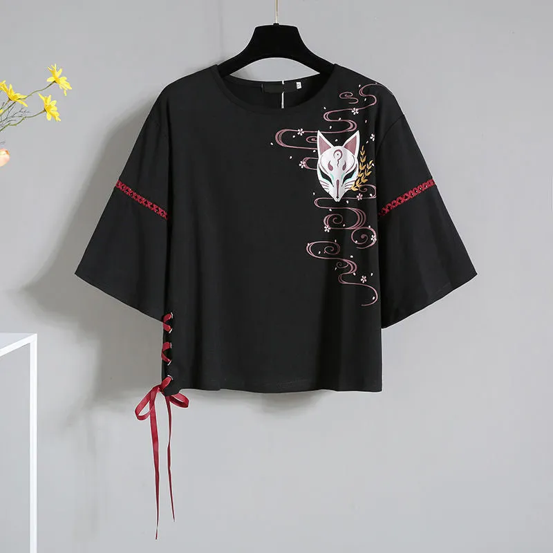 Vintage Harajuku Sakura Fox Print Lace Up T-Shirt Skirt Set UB6309