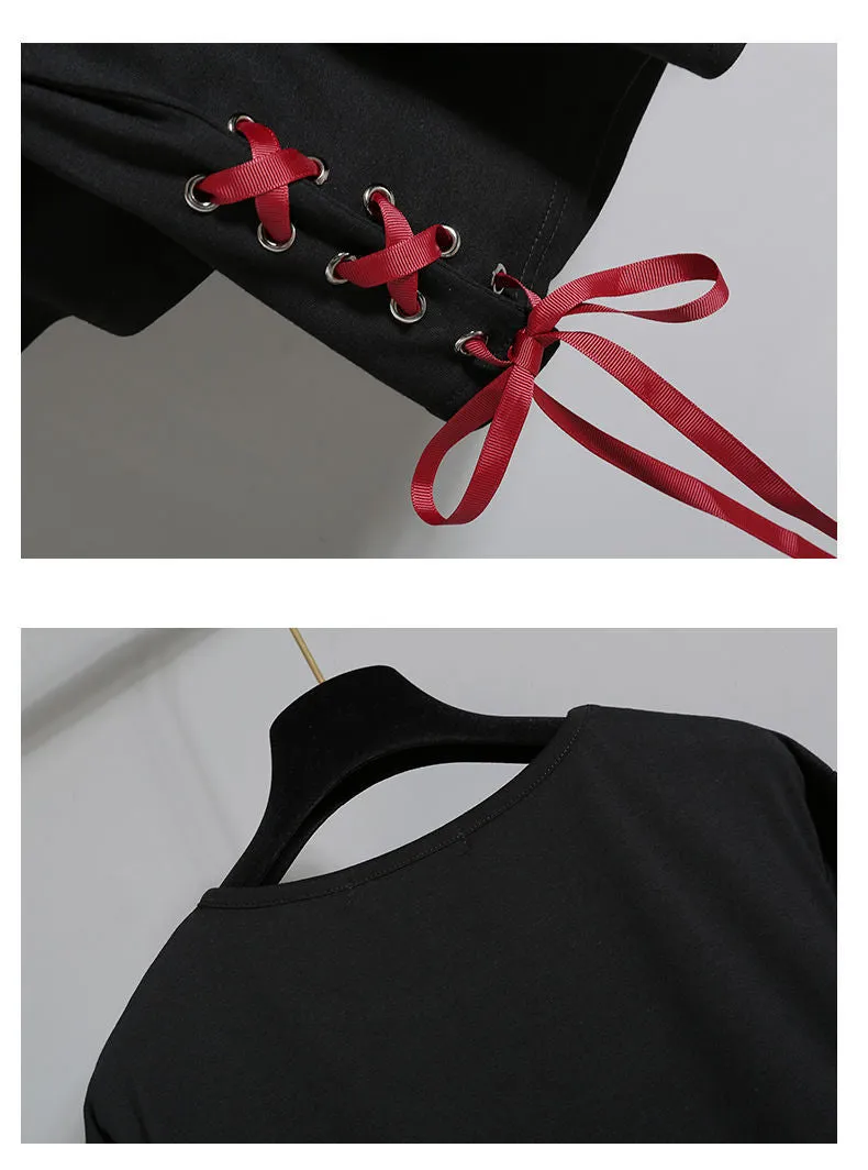Vintage Harajuku Sakura Fox Print Lace Up T-Shirt Skirt Set UB6309