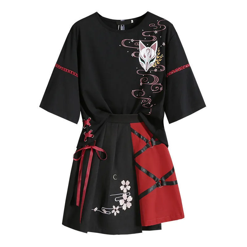 Vintage Harajuku Sakura Fox Print Lace Up T-Shirt Skirt Set UB6309