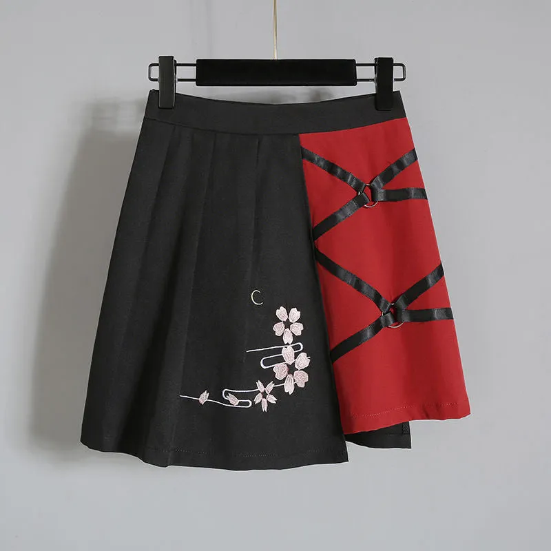 Vintage Harajuku Sakura Fox Print Lace Up T-Shirt Skirt Set UB6309