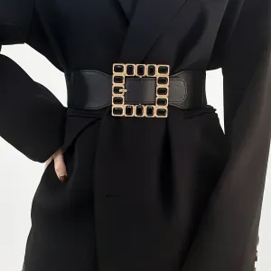 Vintage Style Elastic Belt for Women Stretch Fit Golden Tone Decorative Waist Be