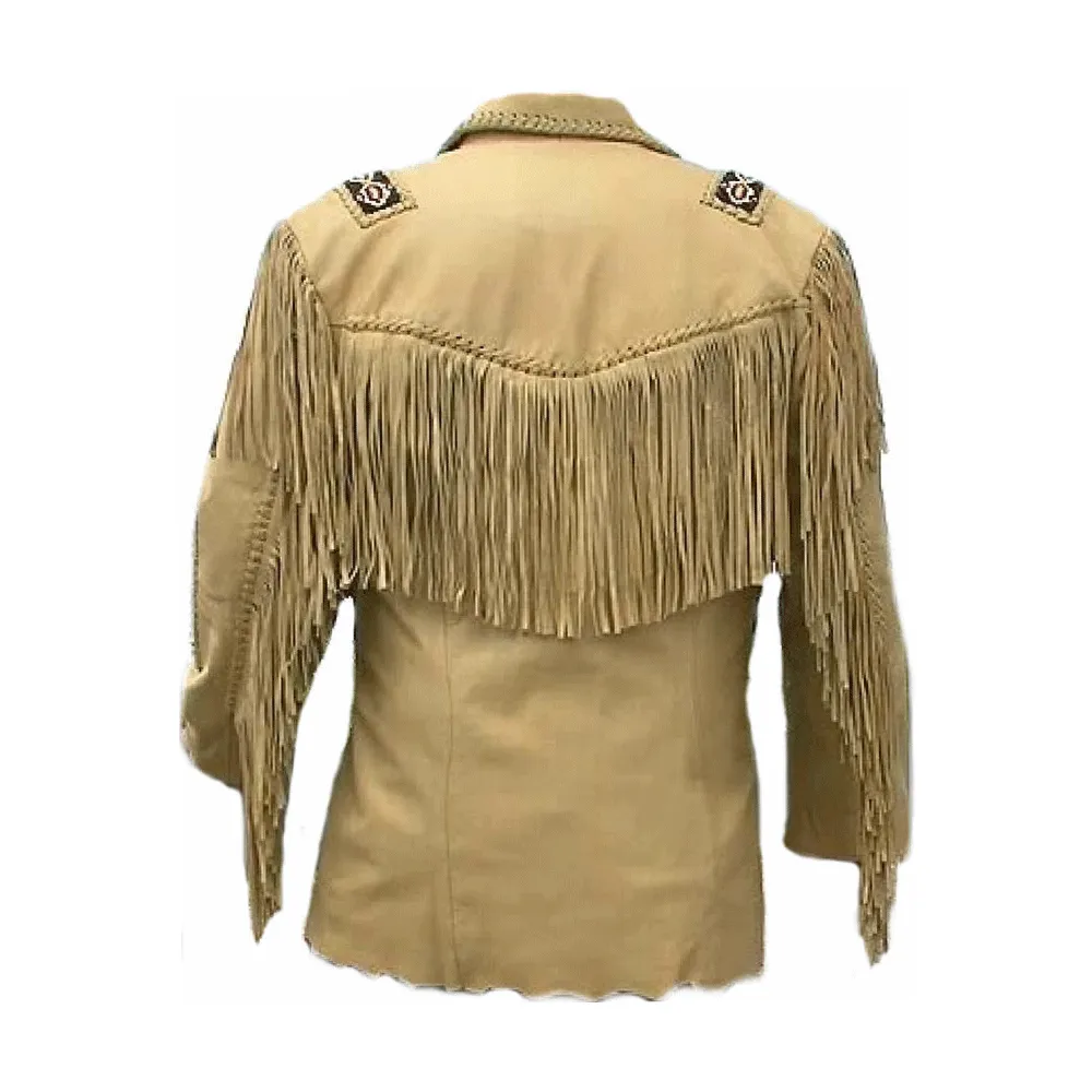 Western Fringe Beaded Beige Leather Jacket for Men MWJ106