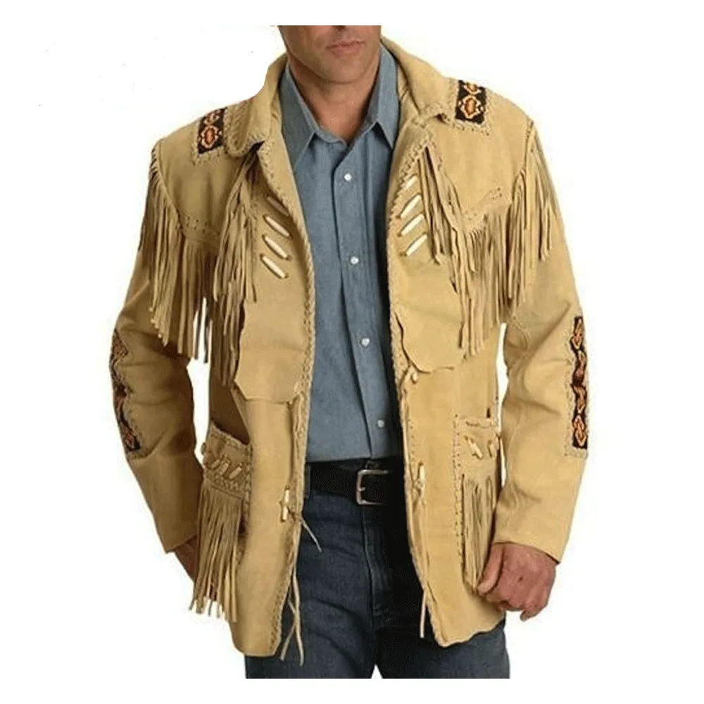 Western Fringe Beaded Beige Leather Jacket for Men MWJ106