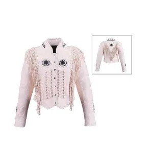 Western Fringe Beige Leather Beaded Jacket for Women Cowgirl WFJ235