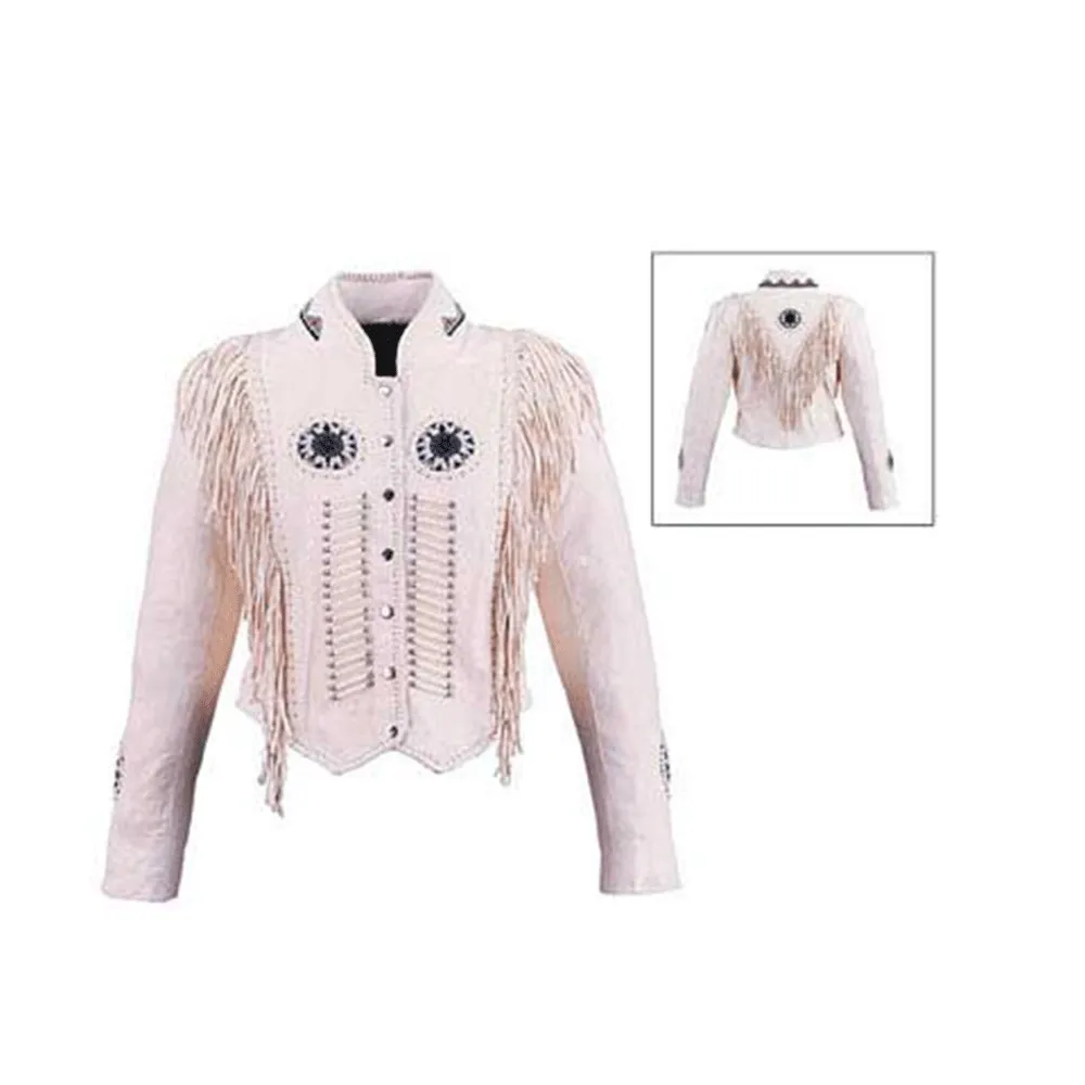 Western Fringe Beige Leather Beaded Jacket for Women Cowgirl WFJ235
