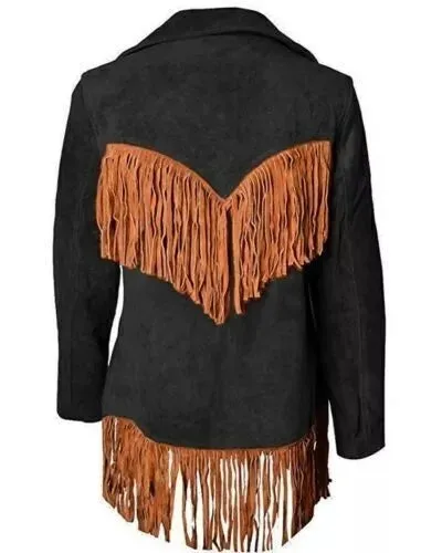 Western Fringe Black Suede Leather Jacket for Women Cowgirl WFJ727