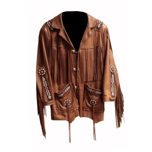 Western Fringe Brown Leather Beaded Jacket for Men MWJ784
