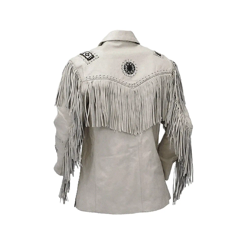Western White Leather Fringe Beaded Jacket for Men MWJ455